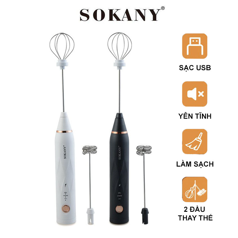 Máy đánh trứng, tạo bọt cà phê cầm tay SOKANY SẠC PIN có 3 tốc độ đánh, nhỏ gọn, dễ tháo lắp - SK201AB